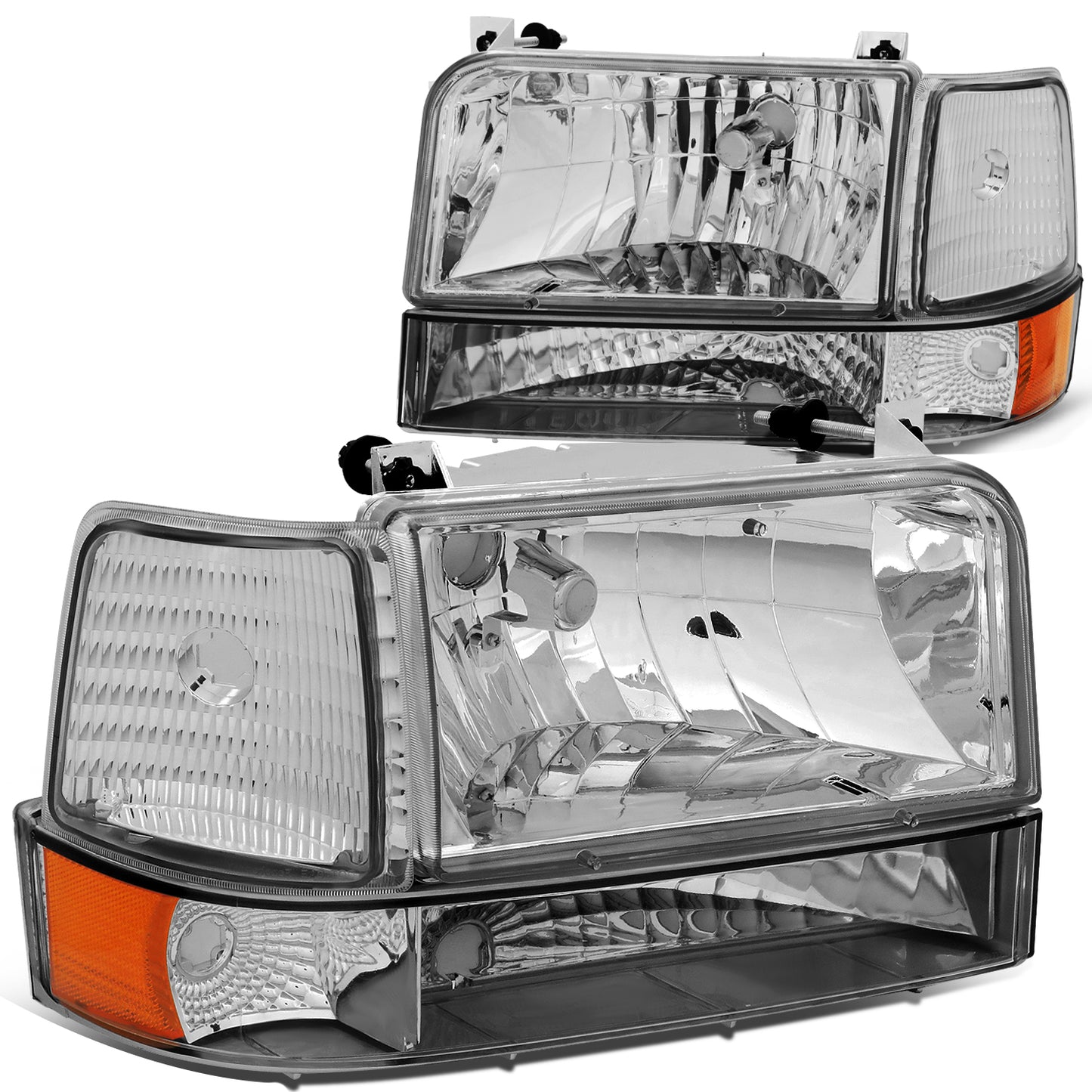 FAROS 92-96 FORD F-150, F-250, F-350, BRONCO 2/4-DR - 6PC - 9007 LOW BEAM / HIGH BEAM - 3157A TURN SIGNAL - CHROME HOUSING / AMBER CORNER