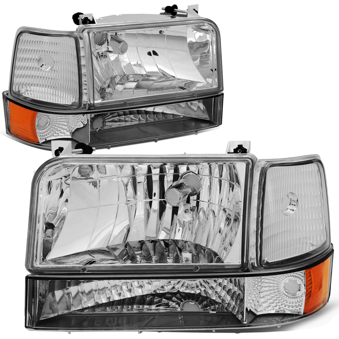 FAROS 92-96 FORD F-150, F-250, F-350, BRONCO 2/4-DR - 6PC - 9007 LOW BEAM / HIGH BEAM - 3157A TURN SIGNAL - CHROME HOUSING / AMBER CORNER