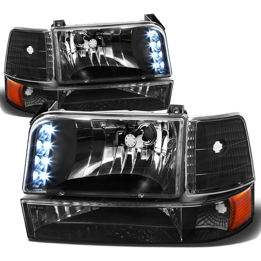 FAROS 92-96 FORD F-150, F-250, F-350, BRONCO 2/4-DR - 6PC - LED - 9007 LOW BEAM / HIGH BEAM - 3157A TURN SIGNAL - BLACK HOUSING / AMBER CORNER