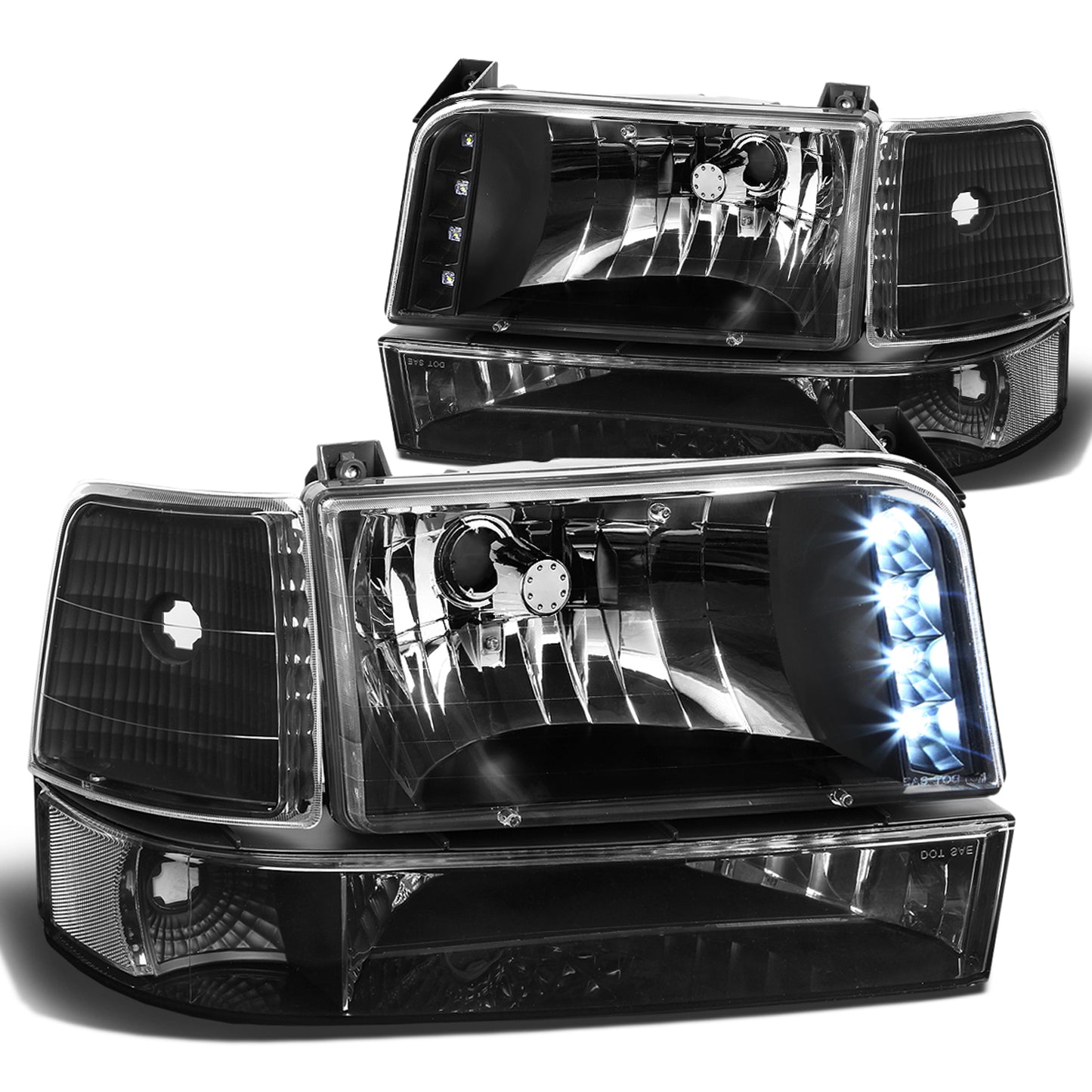 FAROS 92-96 FORD F-150, F-250, F-350, BRONCO 2/4-DR - 6PC - LED - 9007 LOW BEAM / HIGH BEAM - 3157A TURN SIGNAL - BLACK HOUSING / CLEAR CORNER