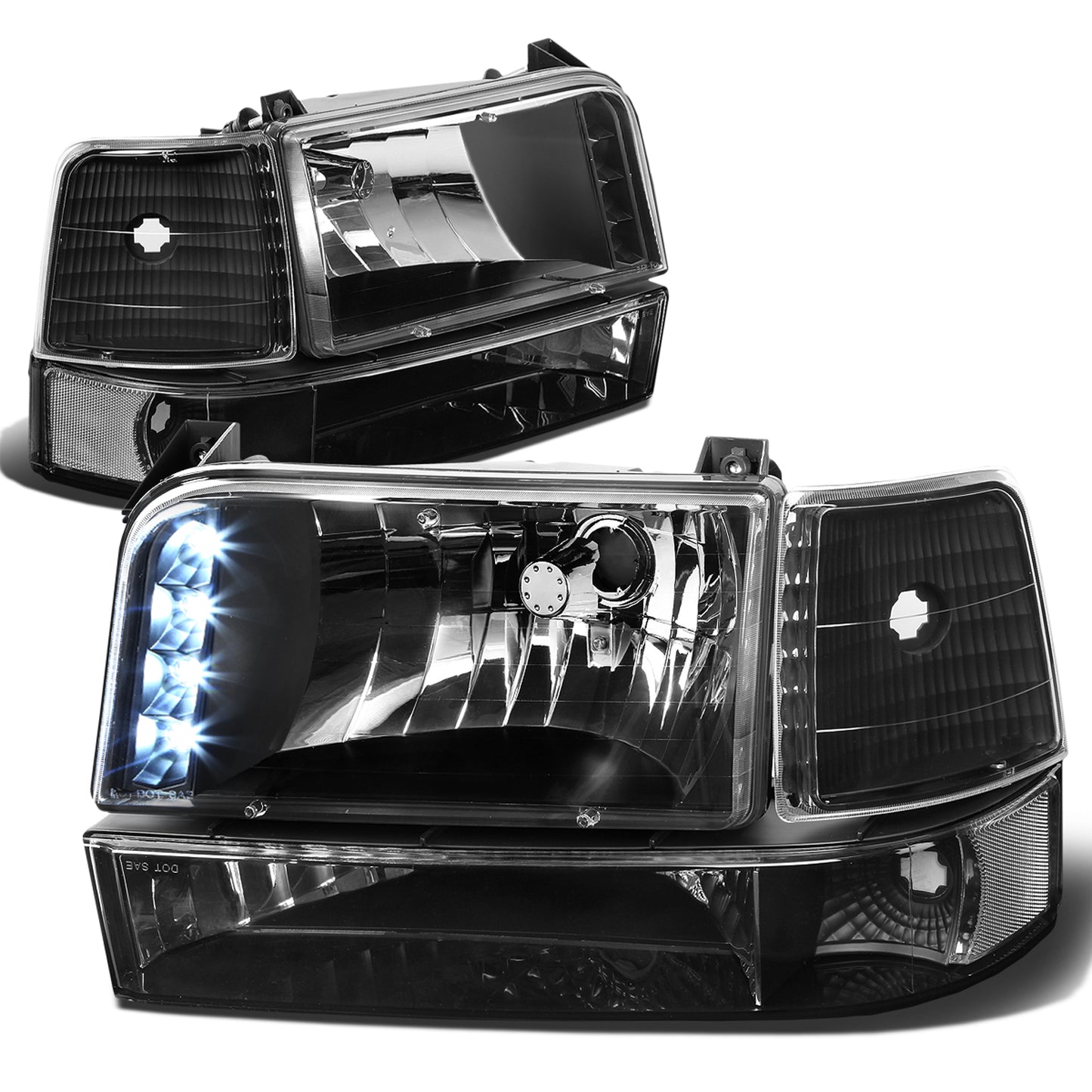 FAROS 92-96 FORD F-150, F-250, F-350, BRONCO 2/4-DR - 6PC - LED - 9007 LOW BEAM / HIGH BEAM - 3157A TURN SIGNAL - BLACK HOUSING / CLEAR CORNER