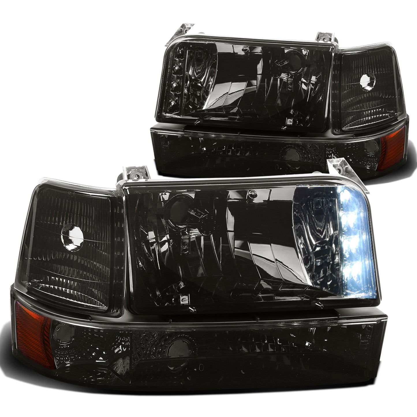FAROS 92-96 FORD F-150, F-250, F-350, BRONCO 2/4-DR - 6PC - LED - 9007 LOW BEAM / HIGH BEAM - 3157A TURN SIGNAL - SMOKE HOUSING / AMBER CORNER