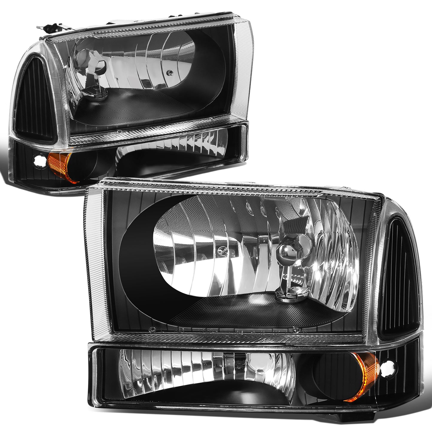 FAROS 99-04 FORD SUPER DUTY F-250, F-350, F-450, F-550 2/4-DR - 4PC - 9007 LOW BEAM / HIGH BEAM / 3157A TURN SIGNAL - BLACK HOUSING / AMBER CORNER