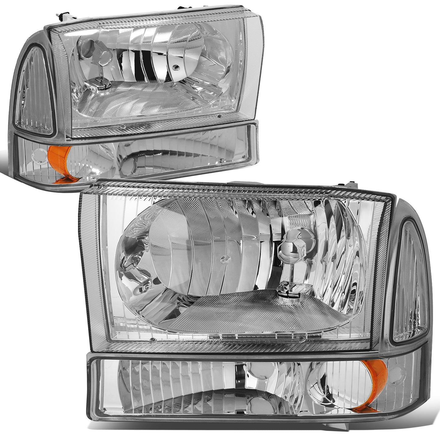 FAROS 99-04 FORD SUPER DUTY F-250, F-350, F-450, F-550 2/4-DR - 4PC - 9007 LOW BEAM / HIGH BEAM / 3157A TURN SIGNAL - CHROME HOUSING / AMBER CORNER