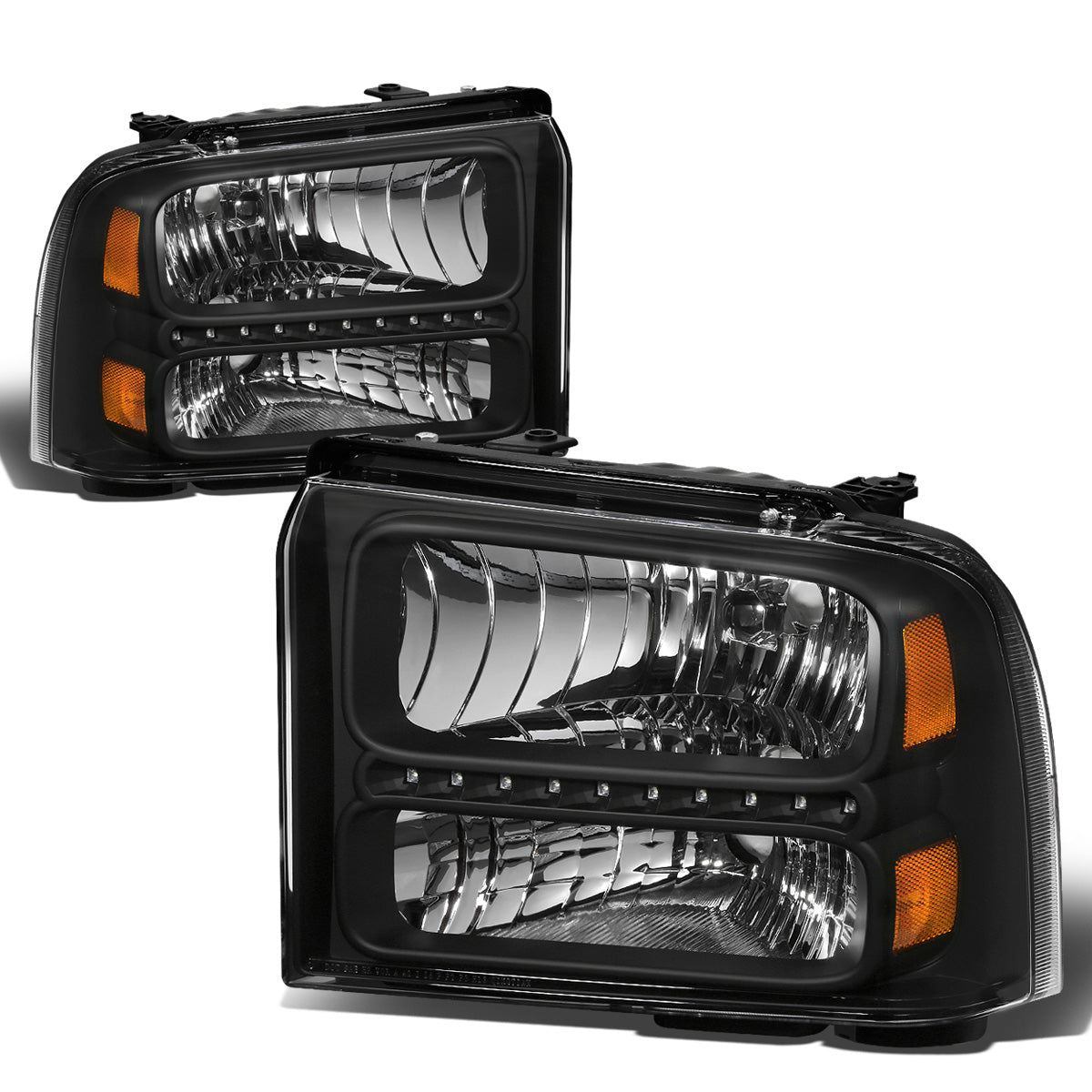 FAROS 05-07 FORD F-250, F-350, F-450, F-550 2/4-DOOR SUPER DUTY - H13 LOW BEAM / HIGH BEAM - LED - BLACK HOUSING / AMBER CORNER