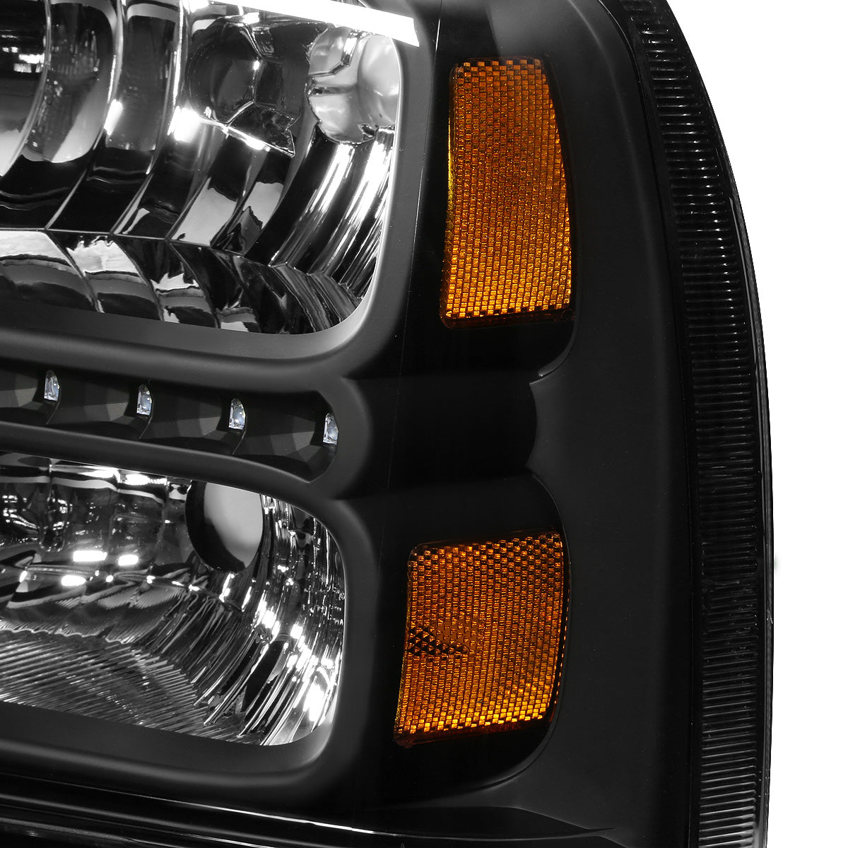 FAROS 05-07 FORD F-250, F-350, F-450, F-550 2/4-DOOR SUPER DUTY - H13 LOW BEAM / HIGH BEAM - LED - BLACK HOUSING / AMBER CORNER