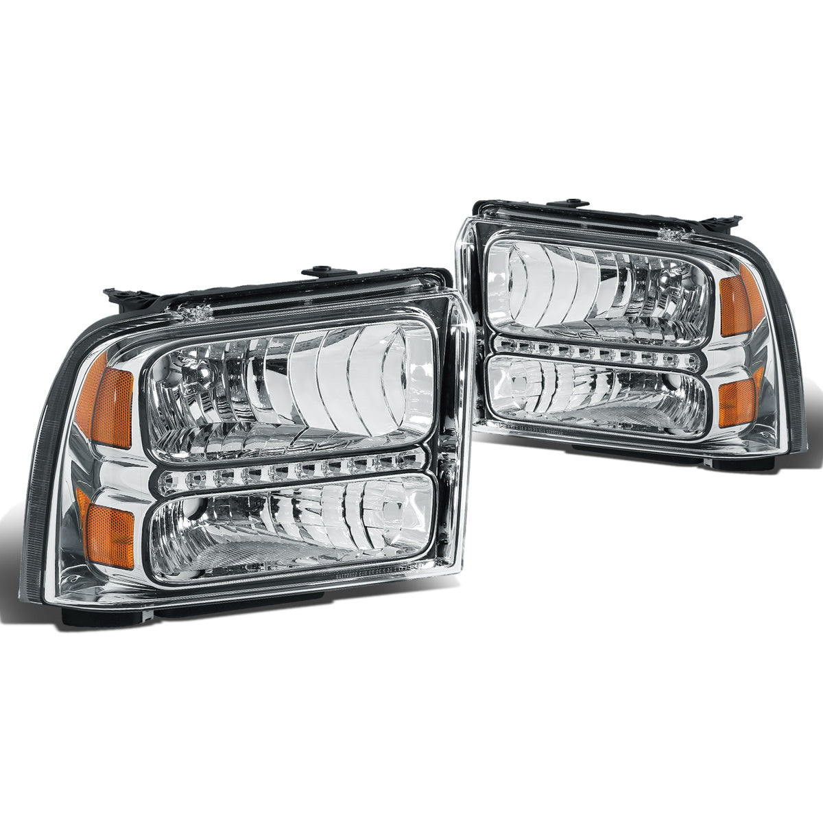 FAROS 05-07 FORD F-250, F-350, F-450, F-550 2/4-DOOR SUPER DUTY - H13 LOW BEAM / HIGH BEAM - LED - CHROME HOUSING / AMBER CORNER