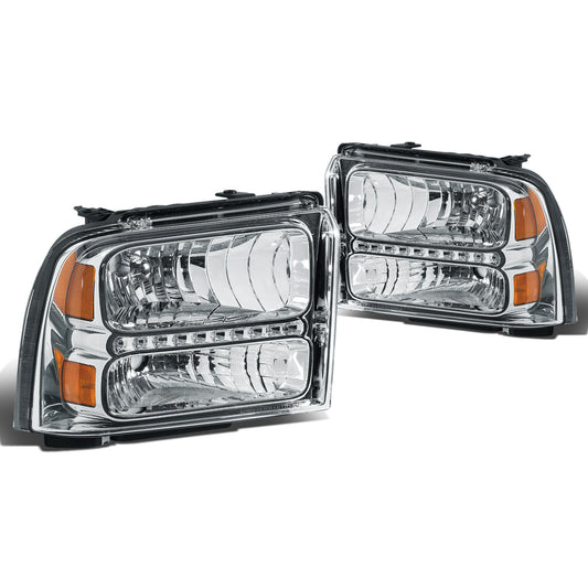 FAROS 05-07 FORD F-250, F-350, F-450, F-550 2/4-DOOR SUPER DUTY - H13 LOW BEAM / HIGH BEAM - LED - CHROME HOUSING / AMBER CORNER