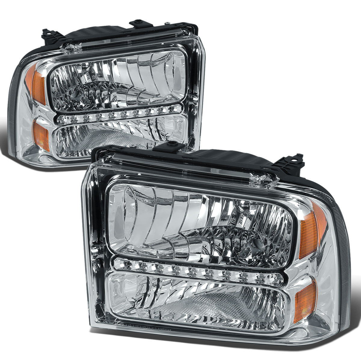 FAROS 05-07 FORD F-250, F-350, F-450, F-550 2/4-DOOR SUPER DUTY - H13 LOW BEAM / HIGH BEAM - LED - CHROME HOUSING / AMBER CORNER