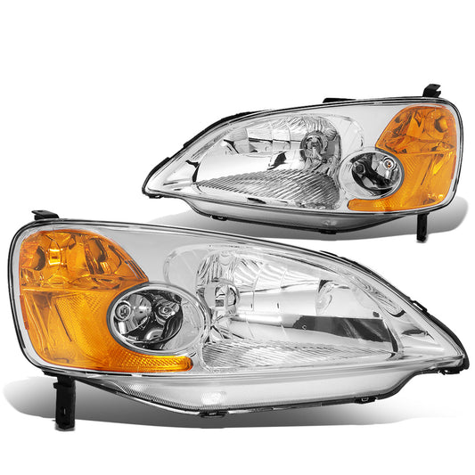 FAROS 01-03 HONDA CIVIC 2/4-DOOR - H4 LOW BEAM / HIGH BEAM - CHROME HOUSING / AMBER CORNER