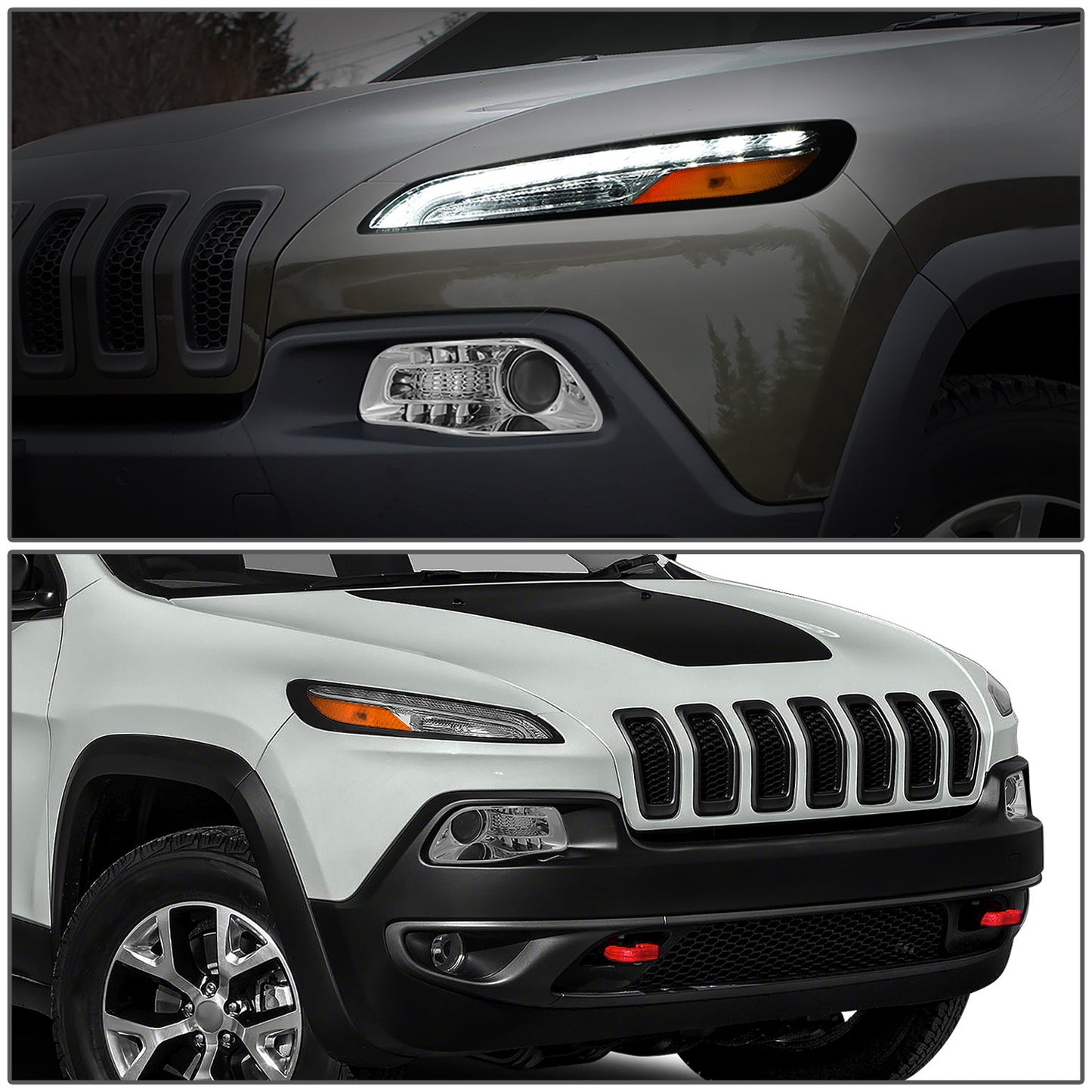 FAROS 14-18 JEEP CHEROKEE - FITS MODELS WITH FACTORY HALOGEN HEADLIGHTS ONLY. DOES NOT FIT HID MODELS - OE STYLE - LED DRL - PROJECTOR - 9005 LOW BEAM / HIGH BEAM,7440 SIGNAL, 194 MARKER - CHROME HOUSING / AMBER CORNER