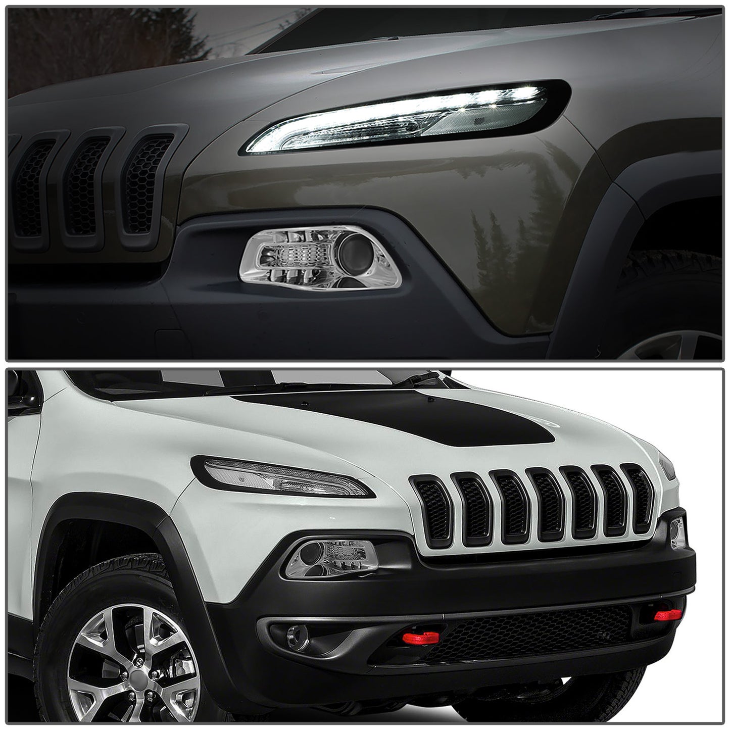 FAROS 14-18 JEEP CHEROKEE - FITS MODELS WITH FACTORY HALOGEN HEADLIGHTS ONLY. DOES NOT FIT HID MODELS - OE STYLE - LED DRL - PROJECTOR - 9005 LOW BEAM / HIGH BEAM,7440 SIGNAL, 194 MARKER - CHROME HOUSING / CLEAR CORNER