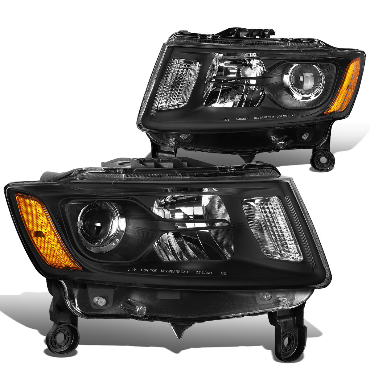 FAROS 14-16 JEEP GRAND CHEROKEE PRE FACELIFT - FITS MODELS WITH HALOGEN HEADLIGHTS ONLY - H1 LOW BEAM / 9005 HIGH BEAM - BLACK HOUSING / AMBER CORNER