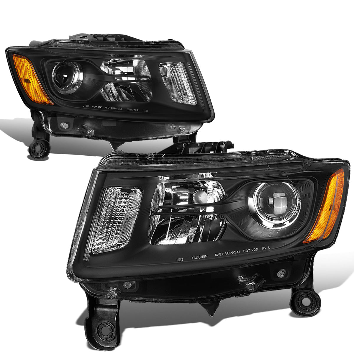 FAROS 14-16 JEEP GRAND CHEROKEE PRE FACELIFT - FITS MODELS WITH HALOGEN HEADLIGHTS ONLY - H1 LOW BEAM / 9005 HIGH BEAM - BLACK HOUSING / AMBER CORNER