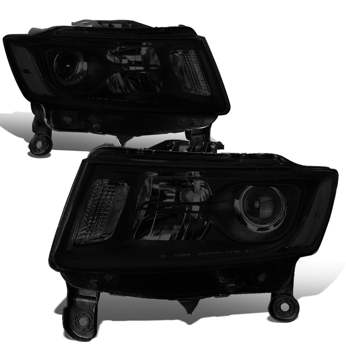 FAROS 14-16 JEEP GRAND CHEROKEE PRE FACELIFT - FITS MODELS WITH HALOGEN HEADLIGHTS ONLY - H1 LOW BEAM / 9005 HIGH BEAM - BLACK HOUSING / CLEAR CORNER / SMOKE LENS