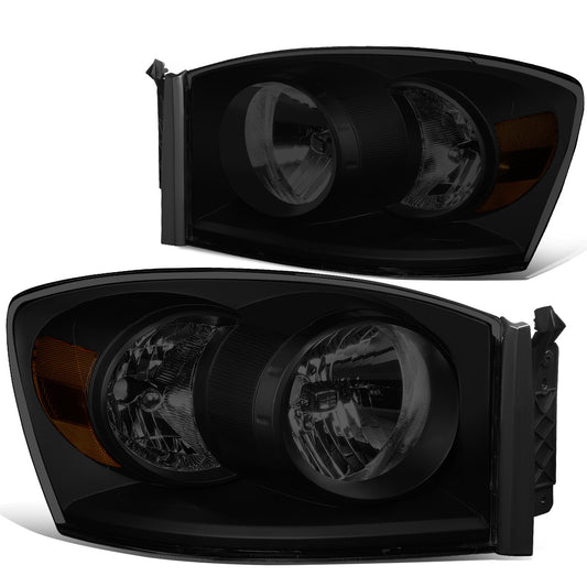 FAROS 06-08 DODGE RAM 1500 / 06-09 DODGE RAM 2500 , 3500 - FITS MODELS W/ HALOGEN HEADLAMPS ONLY - H13 LOW BEAM / HIGH BEAM - BLACK HOUSING / SMOKE LENS / AMBER CORNER
