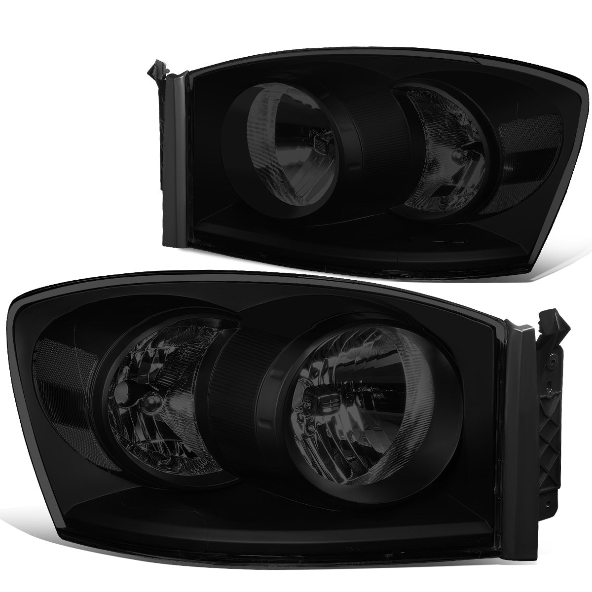 FAROS 06-08 DODGE RAM 1500 / 06-09 DODGE RAM 2500 , 3500 - FITS MODELS W/ HALOGEN HEADLAMPS ONLY - H13 LOW BEAM / HIGH BEAM - BLACK HOUSING / SMOKE LENS / CLEAR CORNER