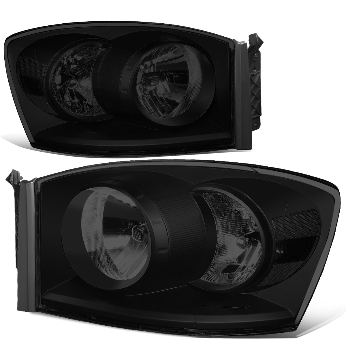 FAROS 06-08 DODGE RAM 1500 / 06-09 DODGE RAM 2500 , 3500 - FITS MODELS W/ HALOGEN HEADLAMPS ONLY - H13 LOW BEAM / HIGH BEAM - BLACK HOUSING / SMOKE LENS / CLEAR CORNER
