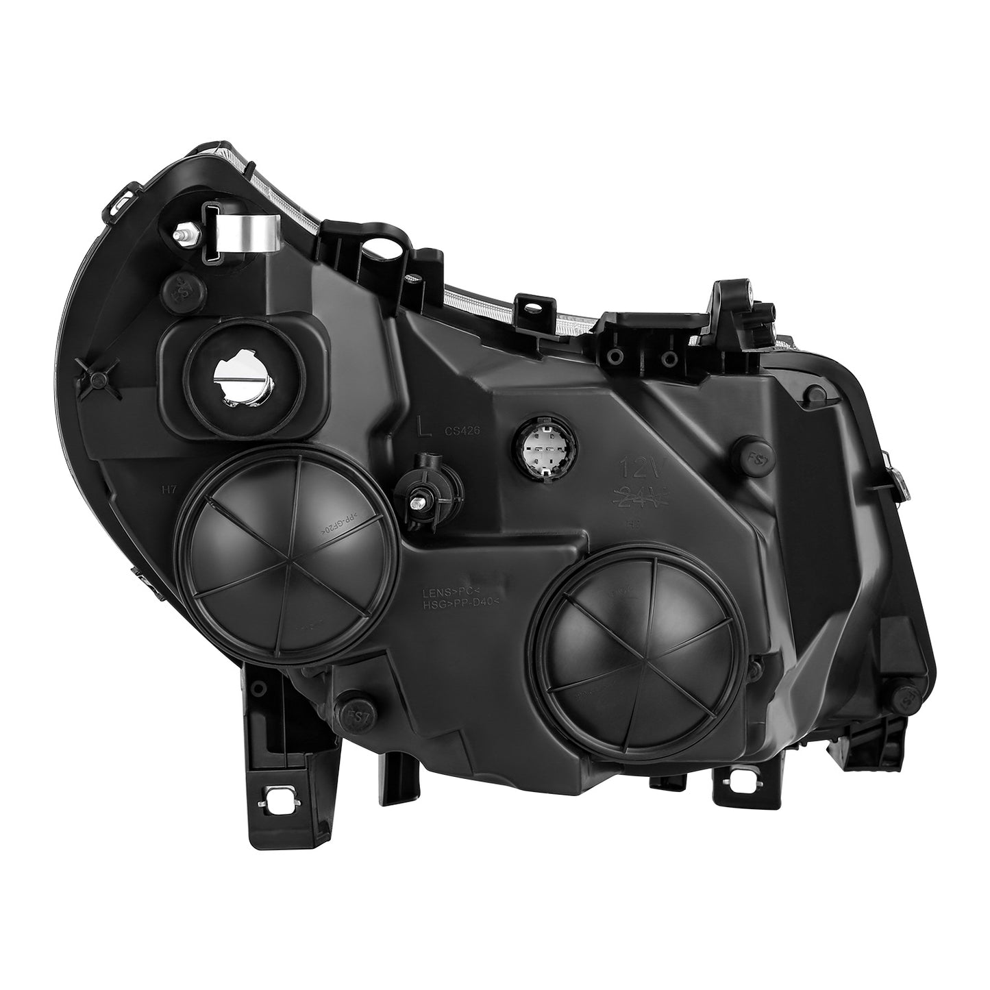 FAROS RAM PROMASTER 1500 2014-2022 / RAM PROMASTER 2500 2014-2022 / RAM PROMASTER 3500 2014-2022 - WITHOUT DAYTIME RUNNING LAMPS - OE STYLE - H7 LOW & HIGH BEAM / 2827 SIDE MARKER / 7443 TURN SIGNAL - BLACK HOUSING / CLEAR CORNER