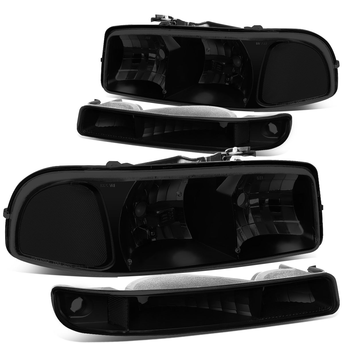 FAROS 99-07 GMC SIERRA 1500 / 99-04 2500 / 01-07 1500 HD/2500 HD/3500 HD / 99-06 YUKON / 00-06 YUKON XL 1500/2500 / 2001 SIERRA C3 - 4PC - 9005 LOW BEAM / HIGH BEAM - BLACK / SMOKE LENS / CLEAR CORNER