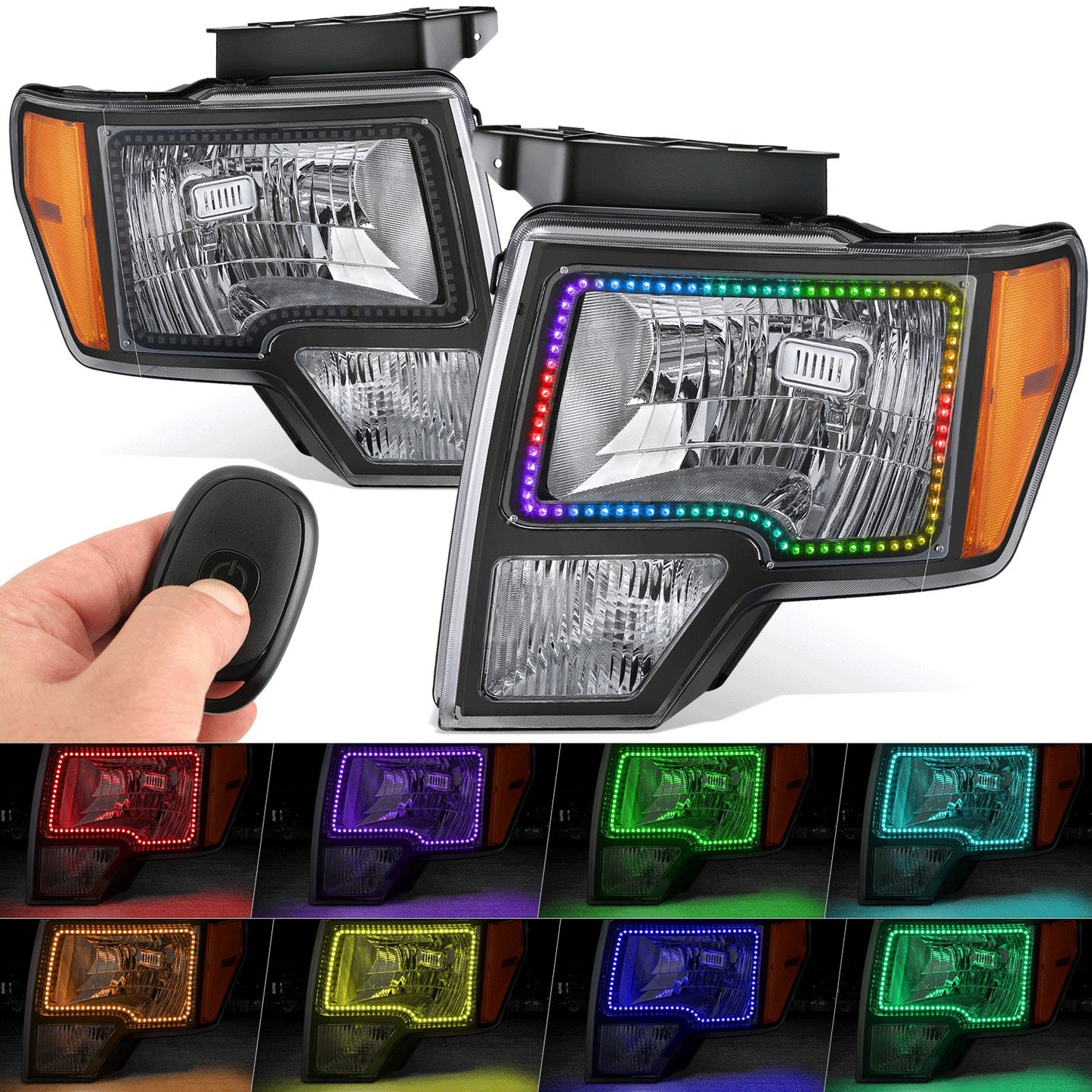 FAROS FORD F-150 2009-2014 - FX4 / HARLEY-DAVIDSON EDITION / KING RANCH / LARIAT / PLATINUM / XL / XLT MODEL - LED HALO RING RGB RUNNING LIGHT - H13 HIGH / LOW BEAM / 3157 TURN SIGNAL / 168 MARKER - BLACK HOUSING / AMBER CORNER