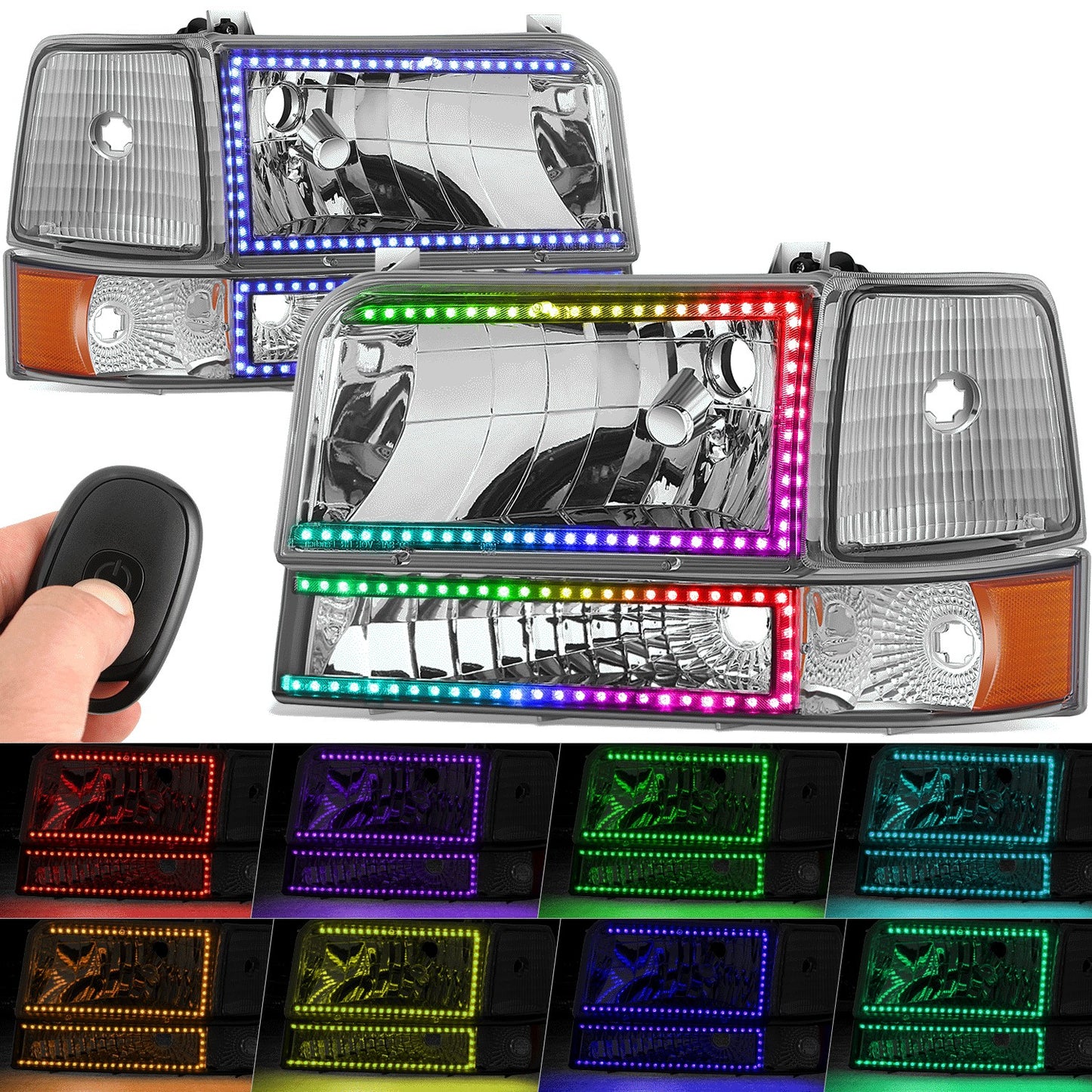 FAROS RGB LED - 92-96 FORD F-150 F-250 F-350 BRONCO - FITS MODELS WITH HALOGEN HEADLIGHTS ONLY - 9007 HIGH / LOW BEAM / 194 MARKER - CHROME HOUSING / AMBER CORNER