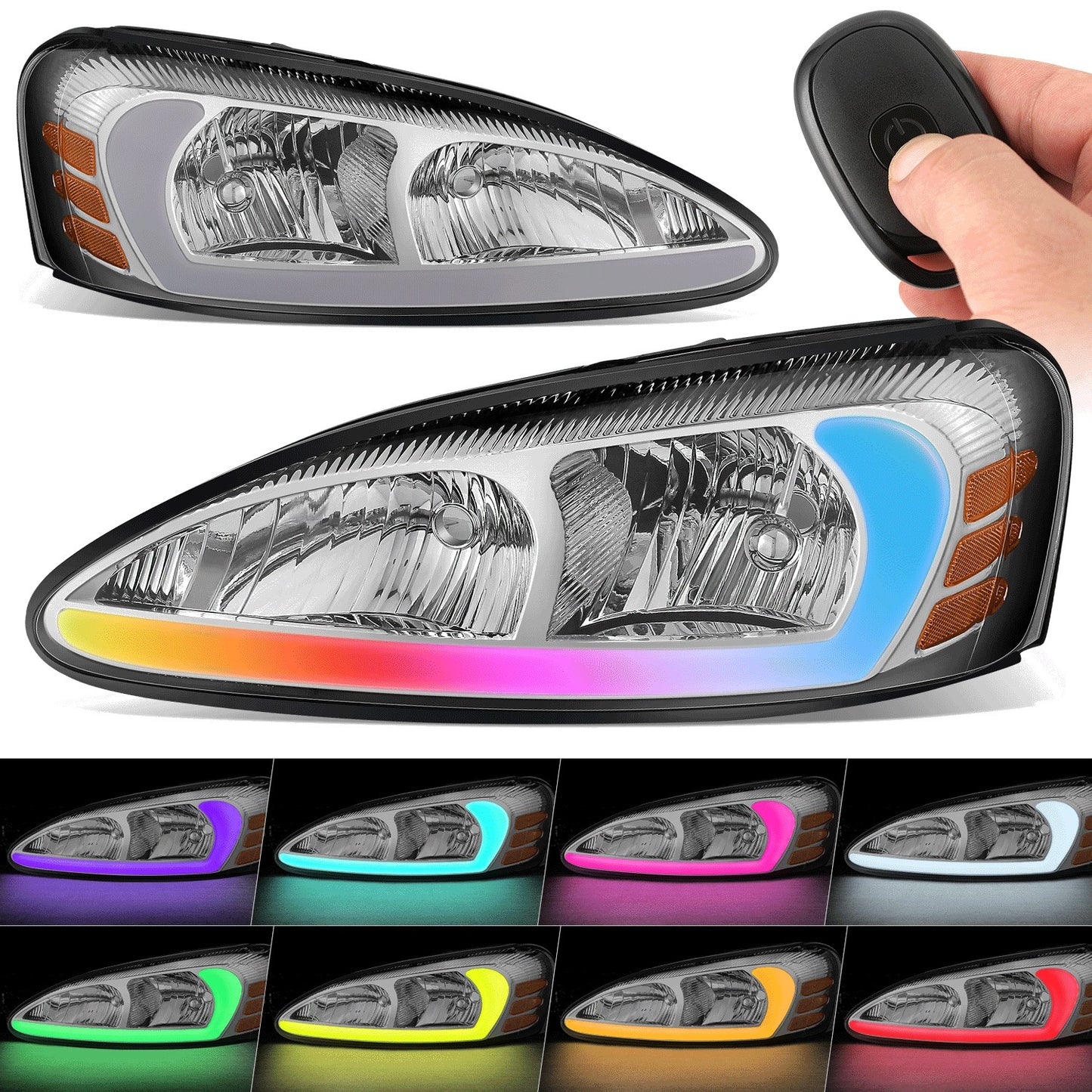 FAROS RGB LED - PONTIAC GRAND PRIX 2004-2008 - 9006 LOW / 9005 HIGH / 194 SIDE MARKER - CHROME HOUSING / AMBER CORNER