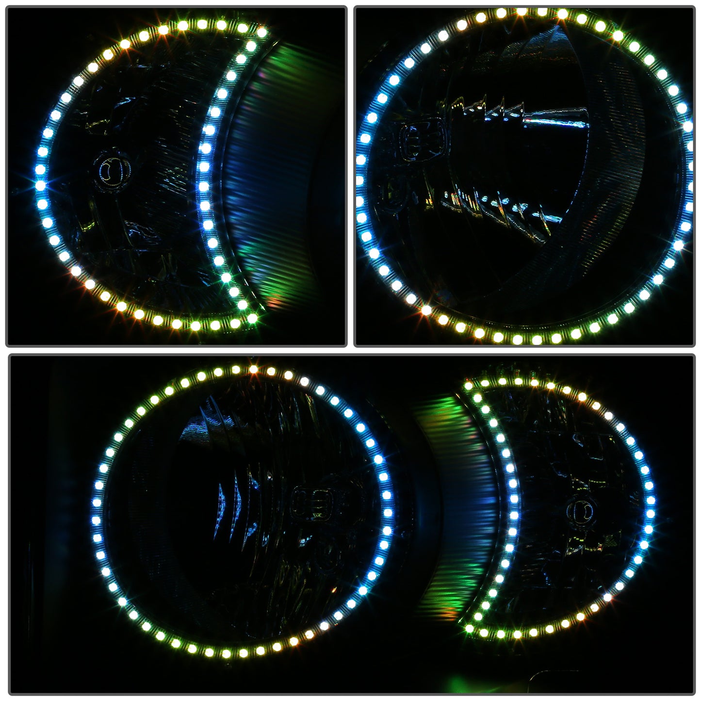 FAROS 06-08 DODGE RAM 1500 / 06-09 DODGE RAM 2500 3500 - FITS MODELS WITH HALOGEN HEADLAMPS ONLY - FOR 2009, FIT OLD BODY STYLE ONLY, DOES NOT FIT NEW BODY STYLE MODELS - LED HALO RING RGB RUNNING LIGHT - H13 HIGH / LOW BEAM / 3157 TURN SIGNAL - BLACK