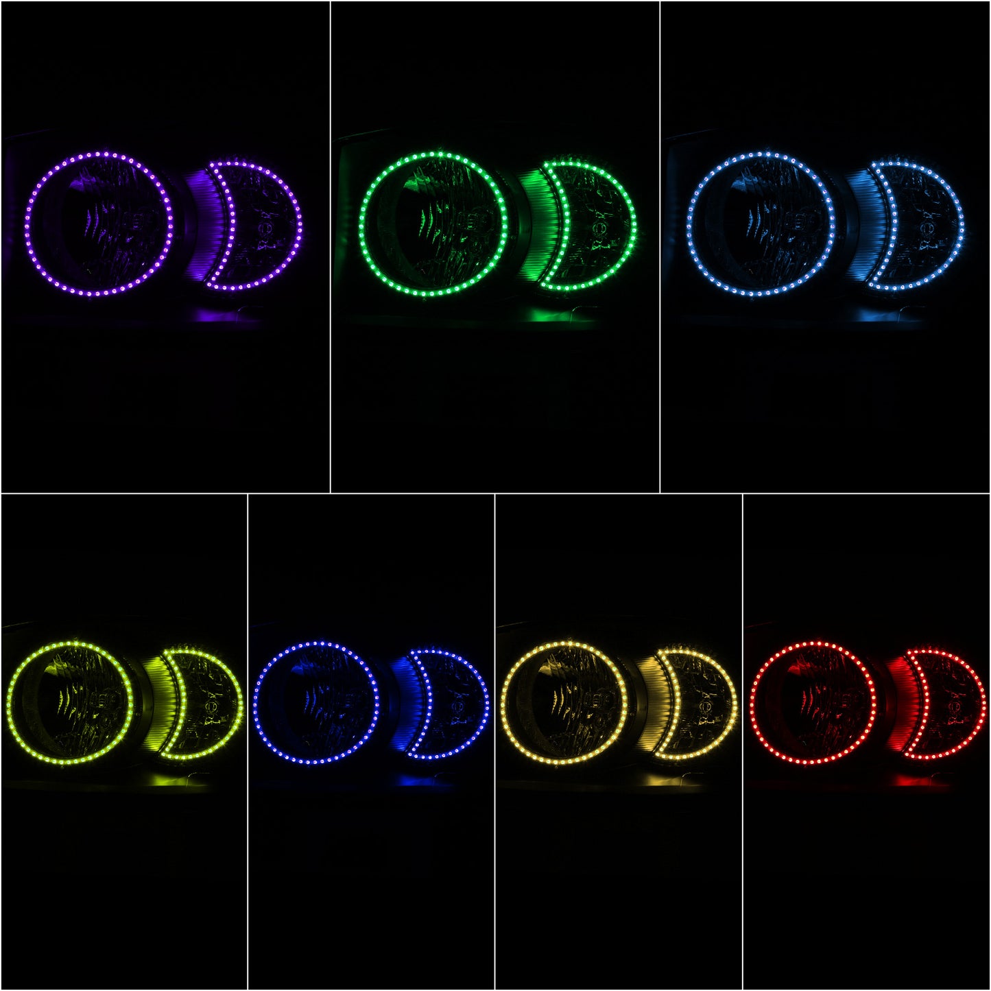 FAROS 06-08 DODGE RAM 1500 / 06-09 DODGE RAM 2500 3500 - FITS MODELS WITH HALOGEN HEADLAMPS ONLY - FOR 2009, FIT OLD BODY STYLE ONLY, DOES NOT FIT NEW BODY STYLE MODELS - LED HALO RING RGB RUNNING LIGHT - H13 HIGH / LOW BEAM / 3157 TURN SIGNAL - BLACK