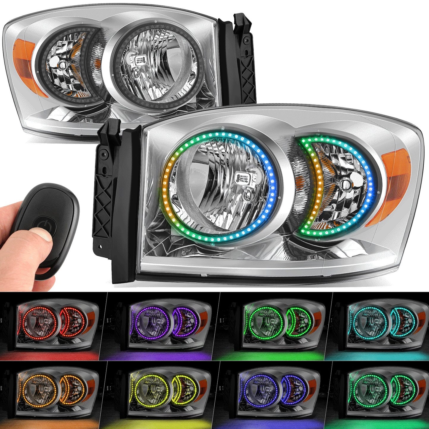 FAROS 06-08 DODGE RAM 1500 / 06-09 DODGE RAM 2500 3500 - FITS MODELS WITH HALOGEN HEADLAMPS ONLY - FOR 2009, FIT OLD BODY STYLE ONLY, DOES NOT FIT NEW BODY STYLE MODELS - LED HALO RING RGB RUNNING LIGHT - H13 HIGH / LOW BEAM / 3157 TURN SIGNAL - CHROME