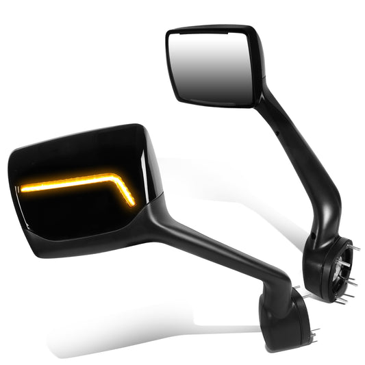 RETROVISOR HOOD MIRROR - 11-21 KENWORTH T680 / 13-21 PETERBILT 579 / 11-18 PETERBILT 587 - MARKER/ TURN SIGNAL LIGHTS NEED TO BE WIRED INTO EXISTING LIGHTING HARNESS - MANUAL - AMBER CHASING LED L-PATTERN - BLACK