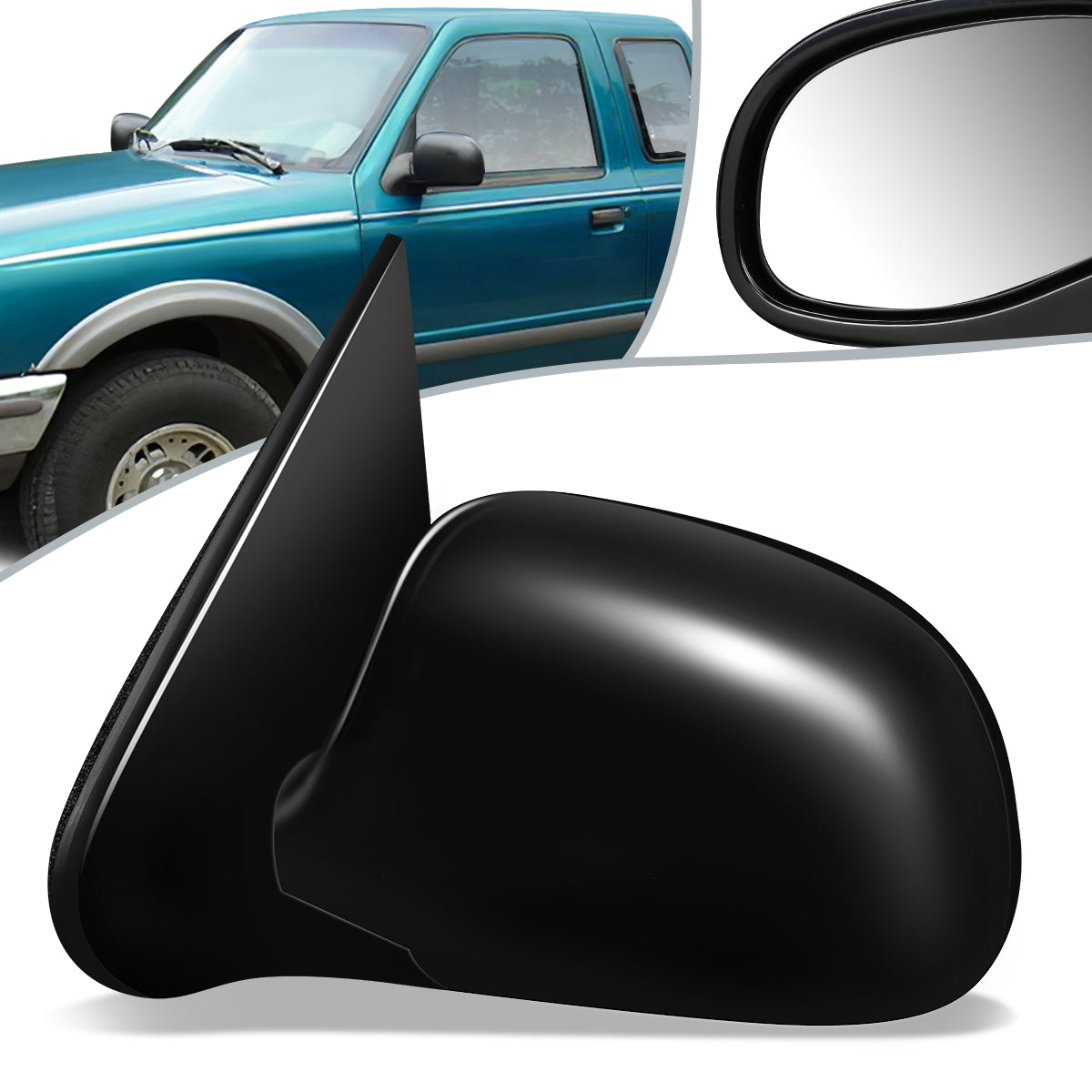 RETROVISOR MIRROR - OEM - 93-97 FORD RANGER, FORD BRONCO II - POWERED - FOLDING - BLACK MATERIAL - LEFT