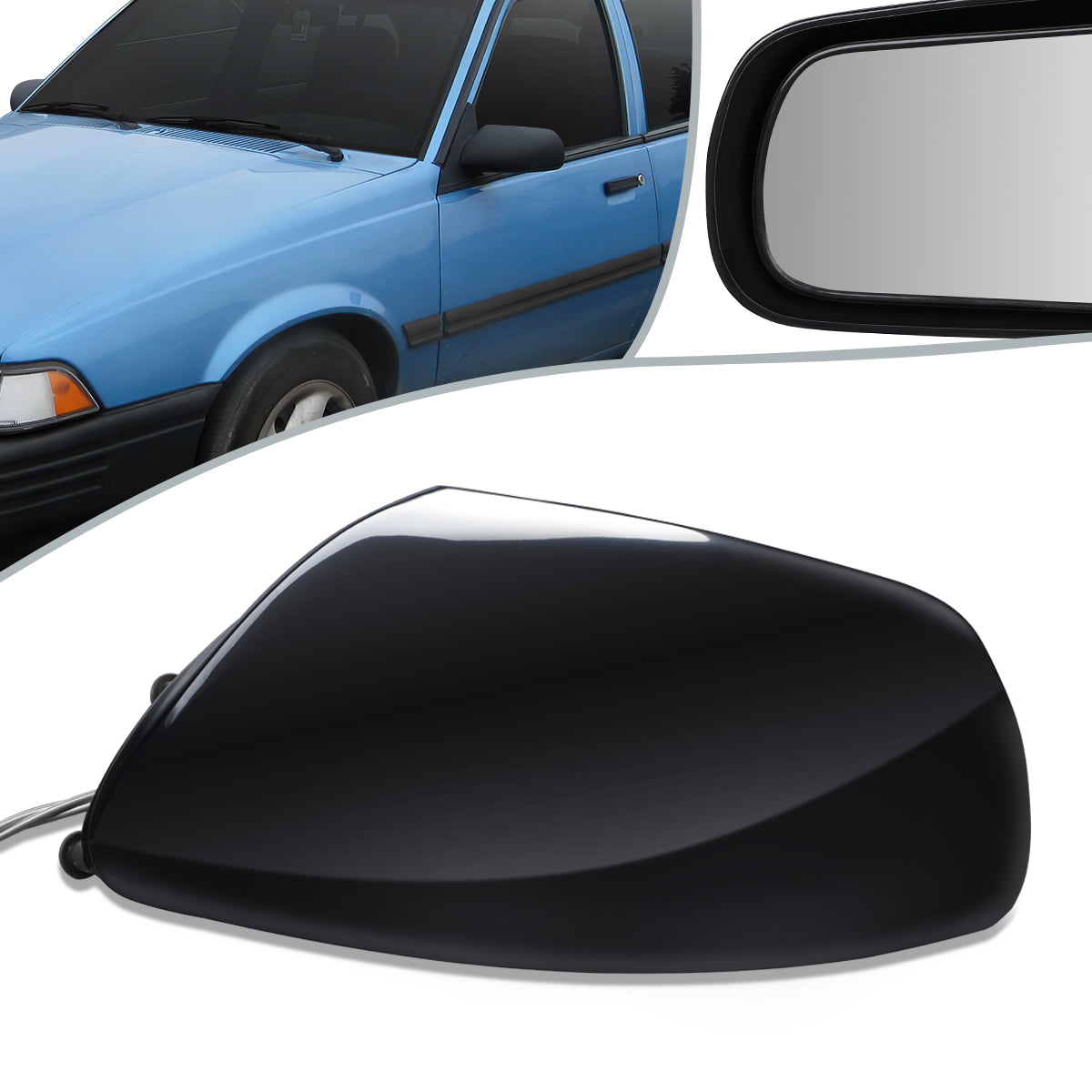 RETROVISOR MIRROR - OEM - 82-87 CHEVY CAVALIER - MANUAL - W/CABLE - BLACK MATERIAL - LEFT