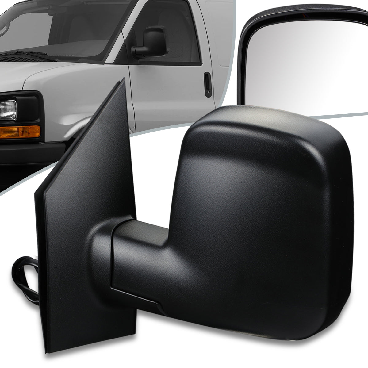 RETROVISOR MIRROR - OEM - 03-13 CHEVY EXPRESS, GMC SAVANA - POWERED - HEATED - FOLDING - W/ DUAL GLASS - TEXTURED - BLACK - LEFT