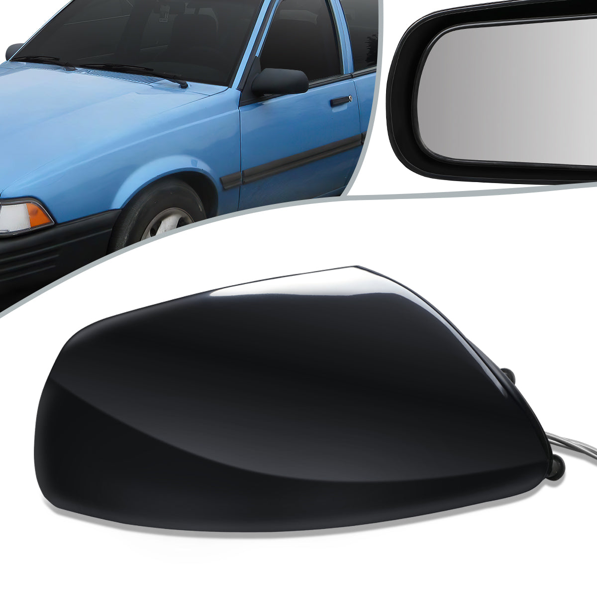 RETROVISOR MIRROR - OEM - 82-87 CHEVY CAVALIER - MANUAL - W/ CABLE - BLACK MATERIAL - RIGHT