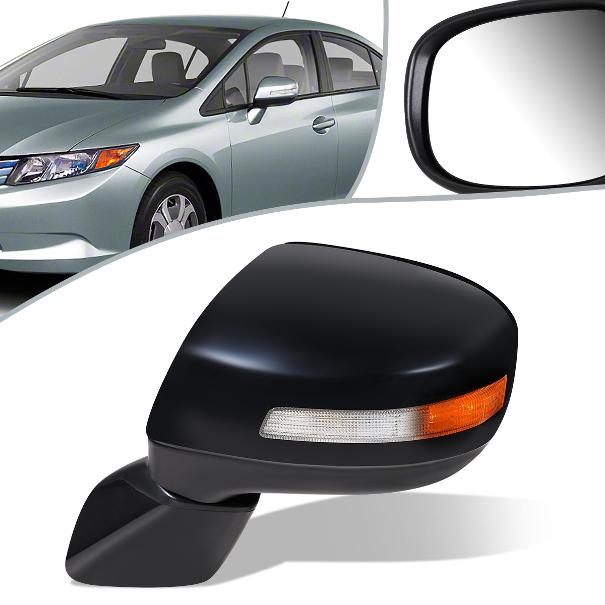 RETROVISOR MIRROR - OEM - 13-15 HONDA CIVIC - POWERED - HEATED - W/ SIGNAL LIGHT - FOLDING - BLACK MATERIAL - LEFT