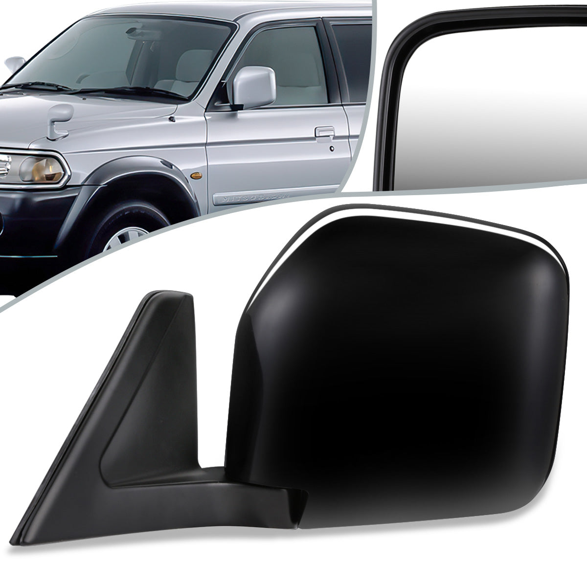 RETROVISOR MIRROR - OEM - 00-04 MITSUBISHI MONTERO SPORT, CHALLENGER - POWERED - FOLDING - BLACK MATERIAL - LEFT