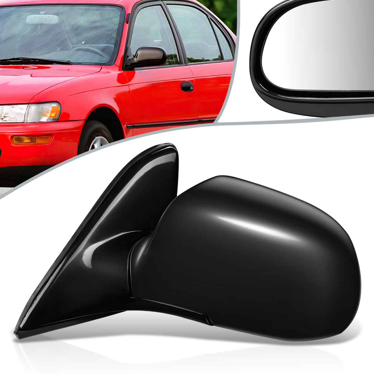 RETROVISOR MIRROR - OEM - 93-97 TOYOTA COROLLA 4-DR - MANUAL - FOLDING - BLACK MATERIAL - LEFT