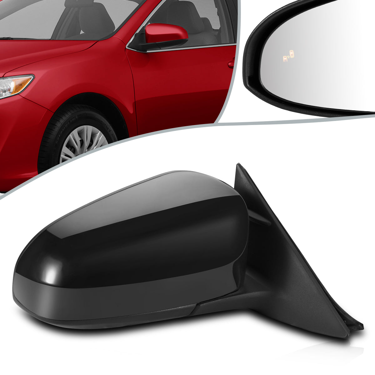 RETROVISOR MIRROR - OEM - 12-14 TOYOTA CAMRY - POWERED - HEATED - W/ BSD - FOLDING - RIGHT - BLACK MATERIAL