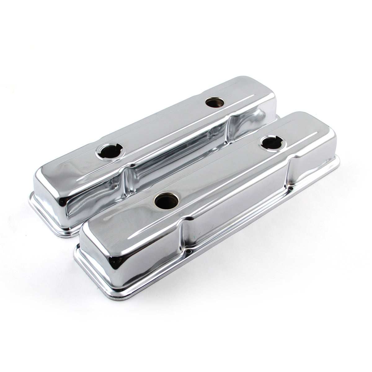 Chevy SBC 350 Chrome Steel Valve Covers - Short w/ 4 x Baffled Holes