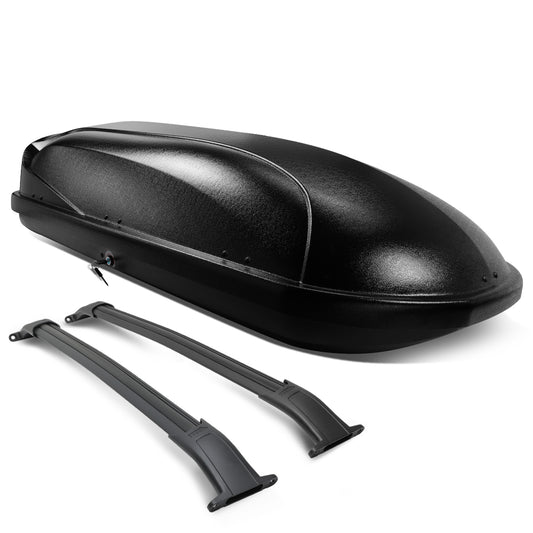 PORTAEQUIPAJE ROOF RACK CROSS BARS + CARGO ROOF BOX - 15-18 CADILLAC ESCALADE, CADILLAC ESCALADE ESV, CHEVY SUBURBAN, CHEVY TAHOE, GMC YUKON, GMC YUKON XL - MOUNTS ONTO OEM ROOF RAILS ONLY - BLACK