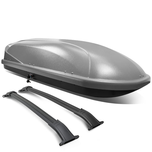 PORTAEQUIPAJE ROOF RACK CROSS BARS + CARGO ROOF BOX - 15-18 CADILLAC ESCALADE, CADILLAC ESCALADE ESV, CHEVY SUBURBAN, CHEVY TAHOE, GMC YUKON, GMC YUKON XL - MOUNTS ONTO OEM ROOF RAILS ONLY - GRAY