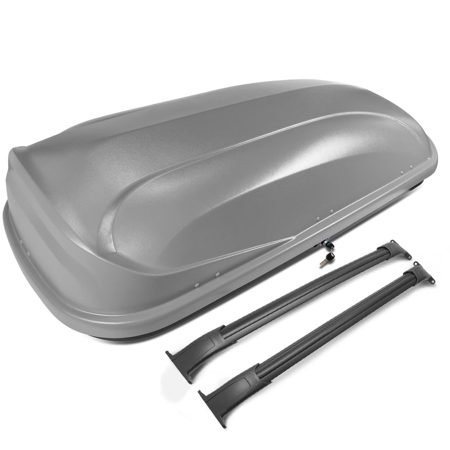 PORTAEQUIPAJE ROOF RACK CROSS BARS + CARGO ROOF BOX - 15-18 CADILLAC ESCALADE, CADILLAC ESCALADE ESV, CHEVY SUBURBAN, CHEVY TAHOE, GMC YUKON, GMC YUKON XL - MOUNTS ONTO OEM ROOF RAILS ONLY - GRAY