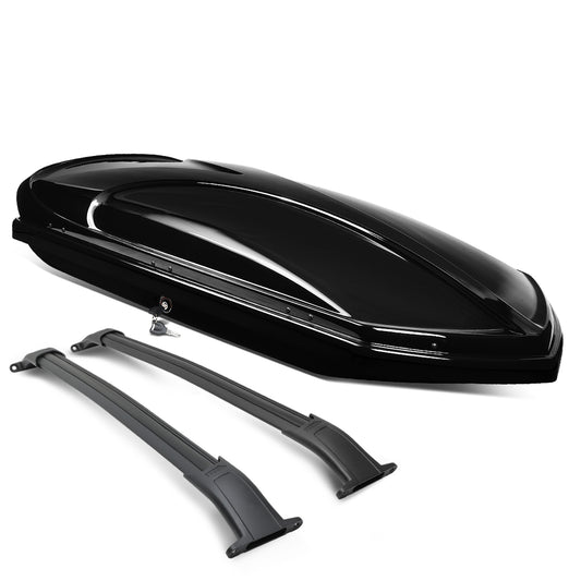 PORTAEQUIPAJE ROOF RACK CROSS BARS + CARGO ROOF BOX - 15-19 CADILLAC ESCALADE, CADILLAC ESCALADE ESV, CHEVY SUBURBAN, CHEVY TAHOE, GMC YUKON, GMC YUKON XL - BOLTS ONTO OEM ROOF RAILS ONLY - BLACK