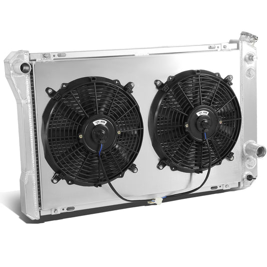 RADIADOR DE ALUMINIO RADIATOR + FAN SHROUD - 3 ROWS - 82-92 CHEVY CAMARO, PONTIAC FIREBIRD - FITS 2.5L, 3.1L, 3.8L V6, OR 305/ 350 CU IN V8 MODELS ONLY - BLACK FANS