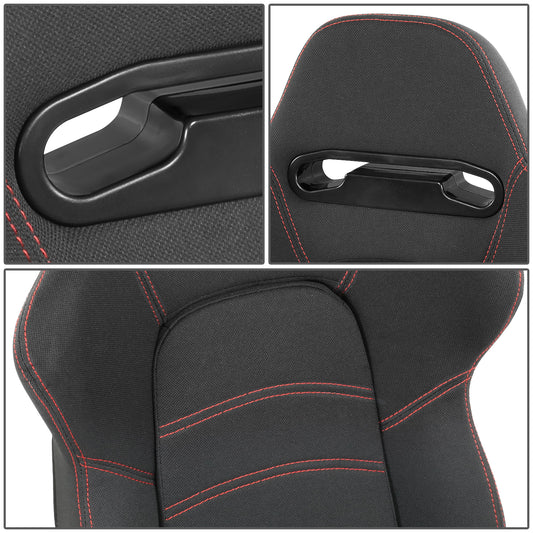 ASIENTOS RACING PINEAPPLE FABRIC*ALL IN BLACK + RED STITCHING (YOU CAN CHANGE THE COLOR)*STEEL SEAT FRAME & MEMORY FOAM*BLACK SAFETY BELT HOLES*WITH SINGLE ADJUSTOR & SINGLE SLIDER