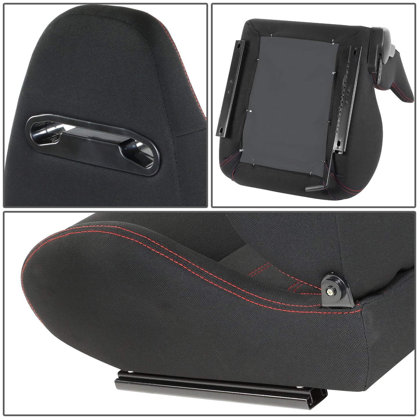 ASIENTOS RACING PINEAPPLE FABRIC*ALL IN BLACK + RED STITCHING (YOU CAN CHANGE THE COLOR)*STEEL SEAT FRAME & MEMORY FOAM*BLACK SAFETY BELT HOLES*WITH SINGLE ADJUSTOR & SINGLE SLIDER