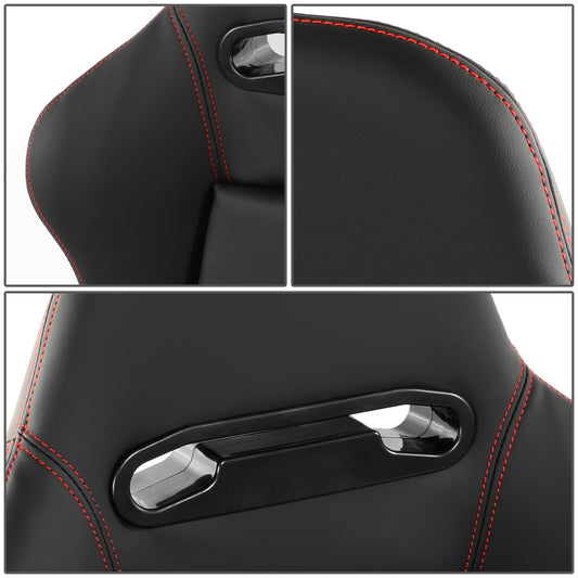 ASIENTOS RACING PVC*ALL IN BLACK + RED STITCHING (YOU CAN CHANGE THE COLOR)*STEEL SEAT FRAME & MEMORY FOAM*BLACK SAFETY BELT HOLES*WITH SINGLE ADJUSTOR & SINGLE SLIDER