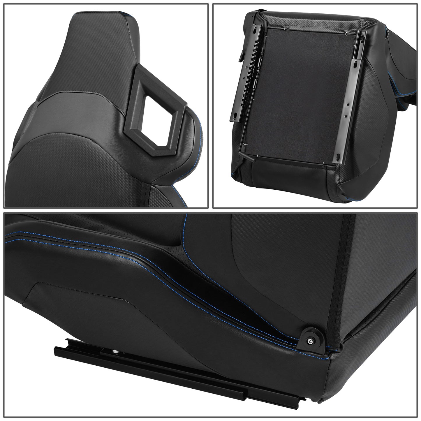 ASIENTOS RACING BLACK PVC + BLACK CARBON LOOKING LEATHER + LIGHT EDGE*STEEL SEAT FRAME & MEMORY FOAM*BLACK SAFETY BELT HOLES*WITH SINGLE ADJUSTOR & DOUBLE SLIDER
