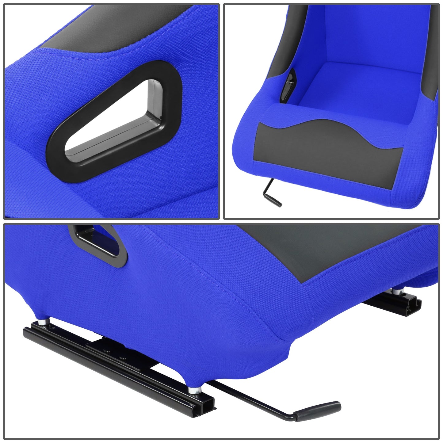 ASIENTOS RACING PINEAPPLE FABRIC + PVC PATCHES*MAIN IN BLUE + PATCHES BLACK (YOU CAN CHANGE THE COLOR)*STEEL SEAT FRAME & MEMORY FOAM*BLACK SAFETY BELT HOLES*WITH SINGLE SLIDER